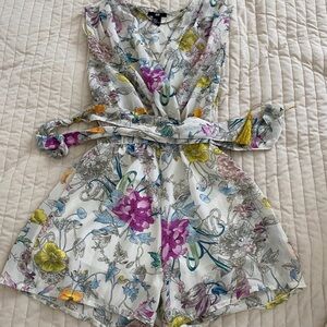 H&M Floral Multicolor V-Neck Romper — White Base with Blue and Purple Accents
